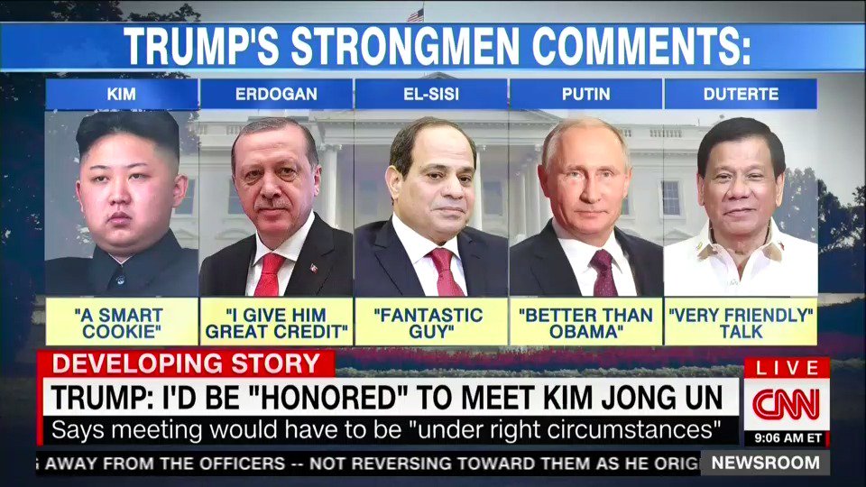 Uitspraken van Trump over regeringsleiders verzameld door CNN. Bron: Twitter @JuddLegum