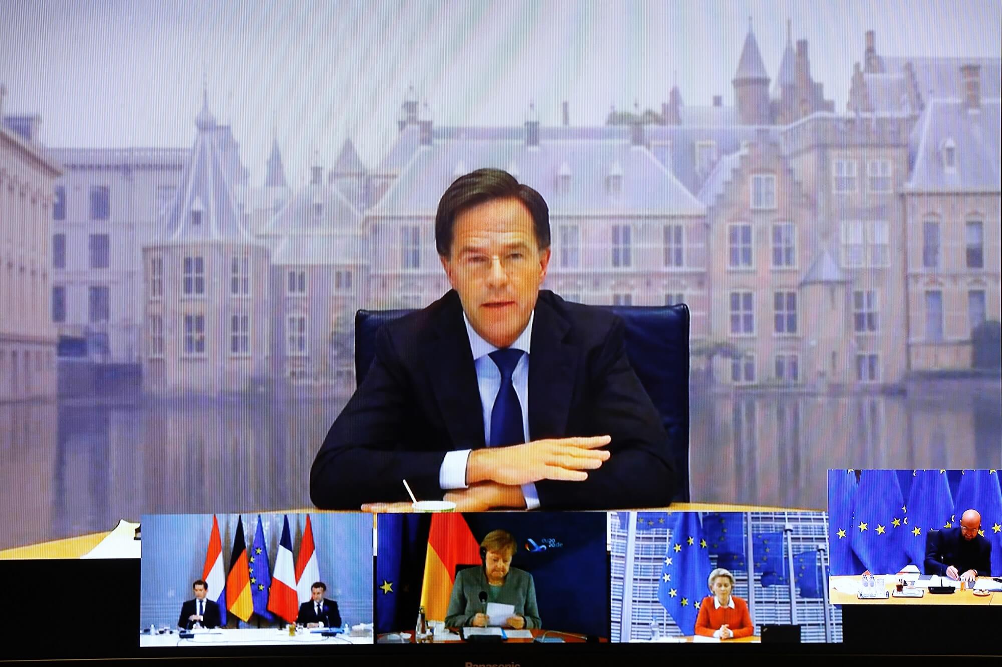 Schout- Dutch prime minister Mark Rutte during a video conference with the European Council in 2020. European Union