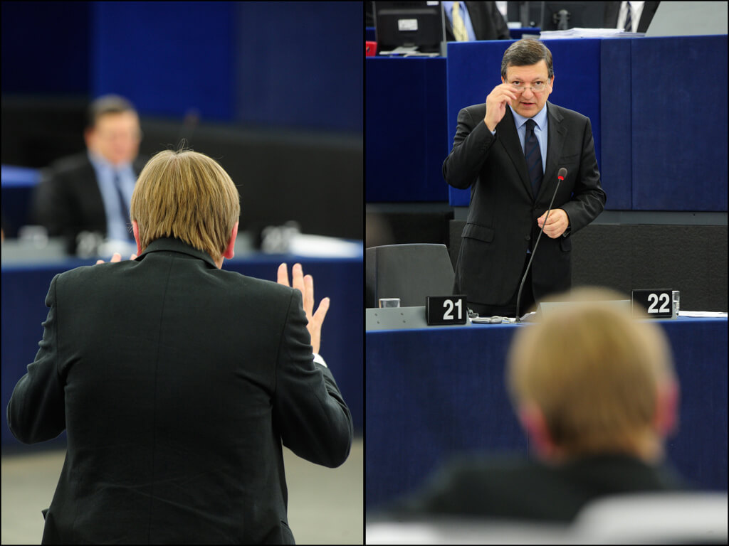 Schout-Toenmalig Commissie-voorzitter Manuel Barroso wordt in 2009 bevraagd door Guy Verhofstadt in het Europees Parlement - Europees Parlement 