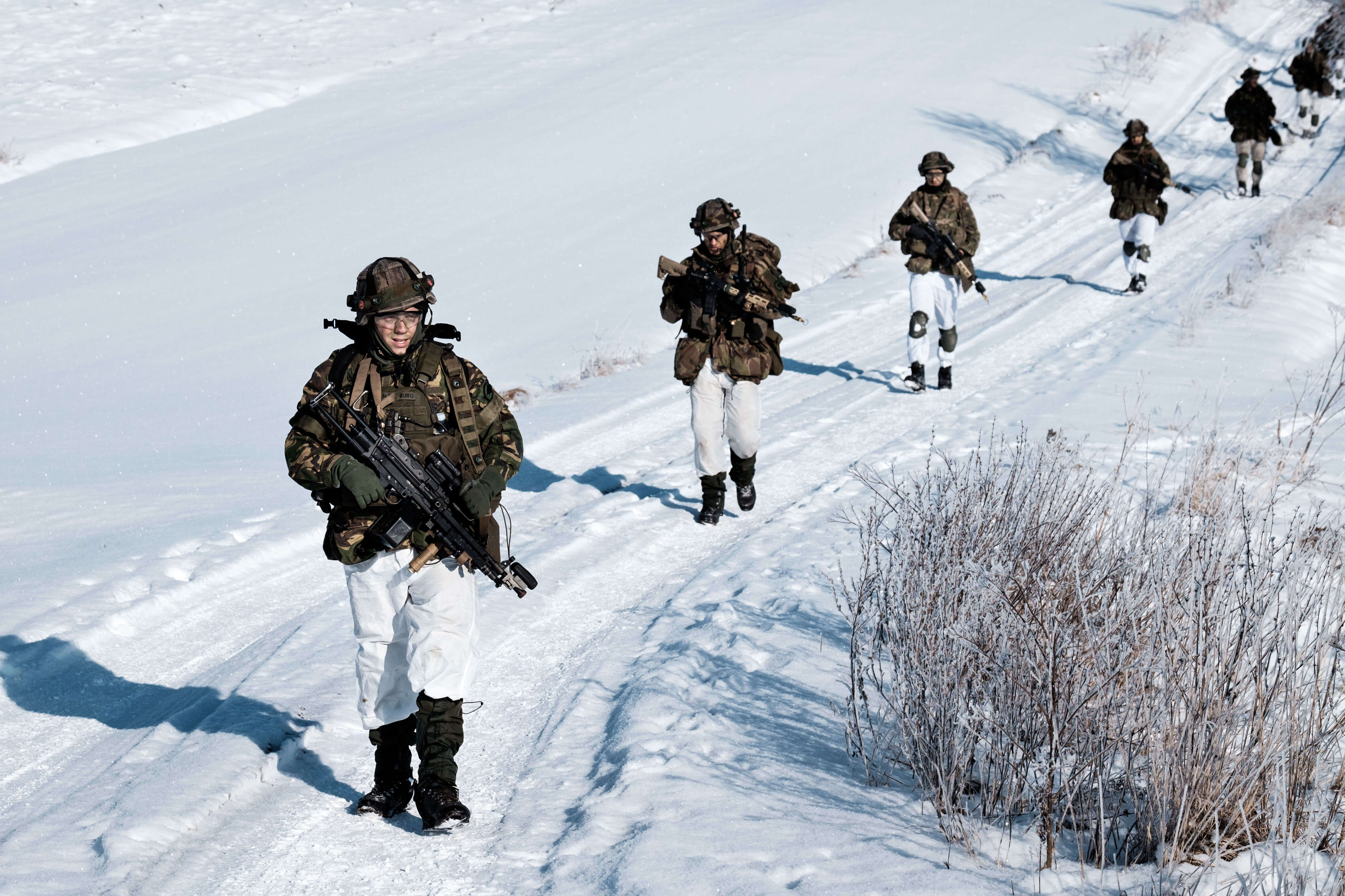 Serry-Dutch soldiers march towards their objective during NATO Exercise Scorpion Strike, held in Lithuania in 2018. © NATO