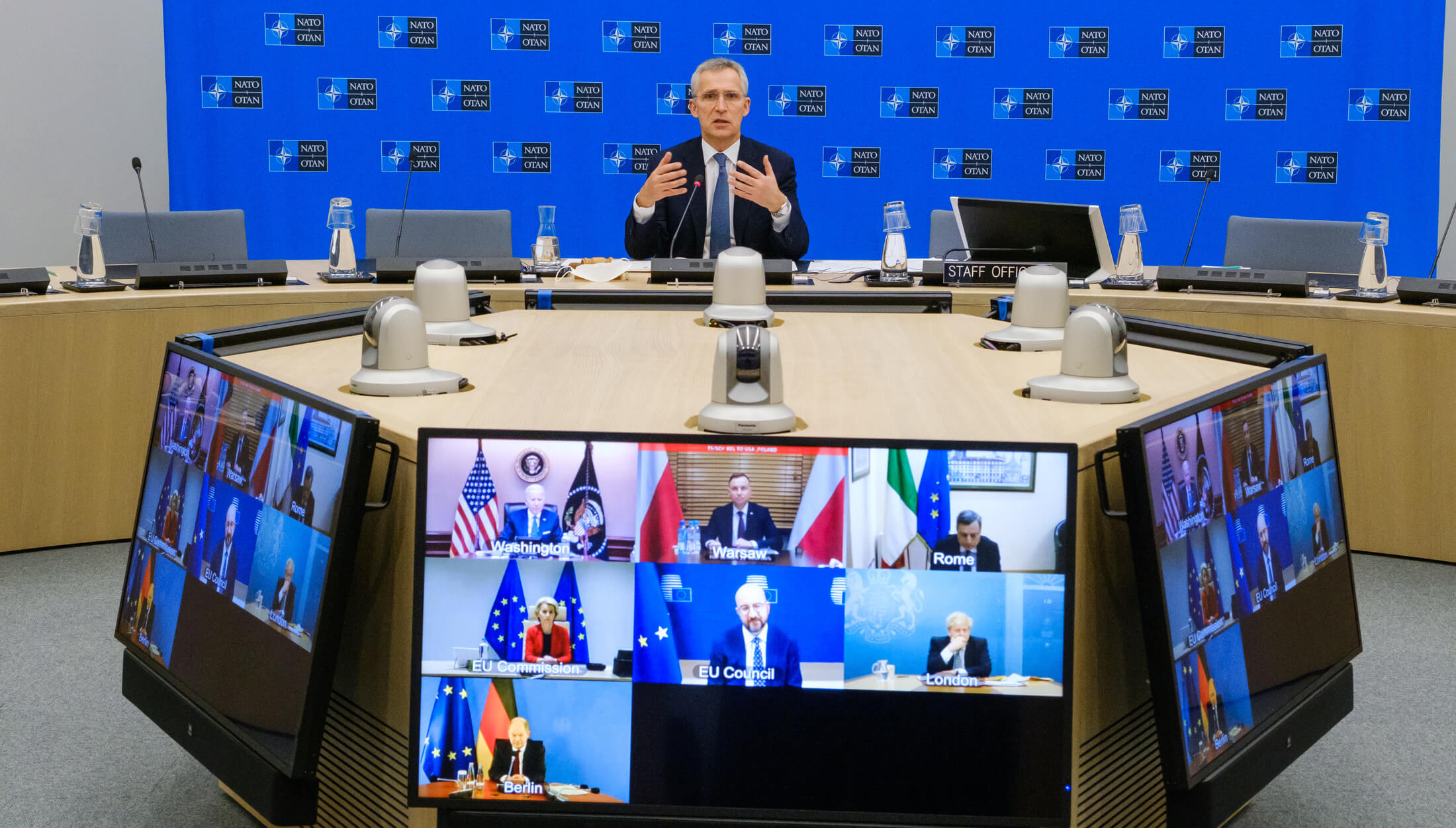 NATO Secretary General Jens Stoltenberg holds a virtual meeting on Tuesday Jan 25, 2022 over the situation of Russia's military actions on Ukraine. Reuters.jpg