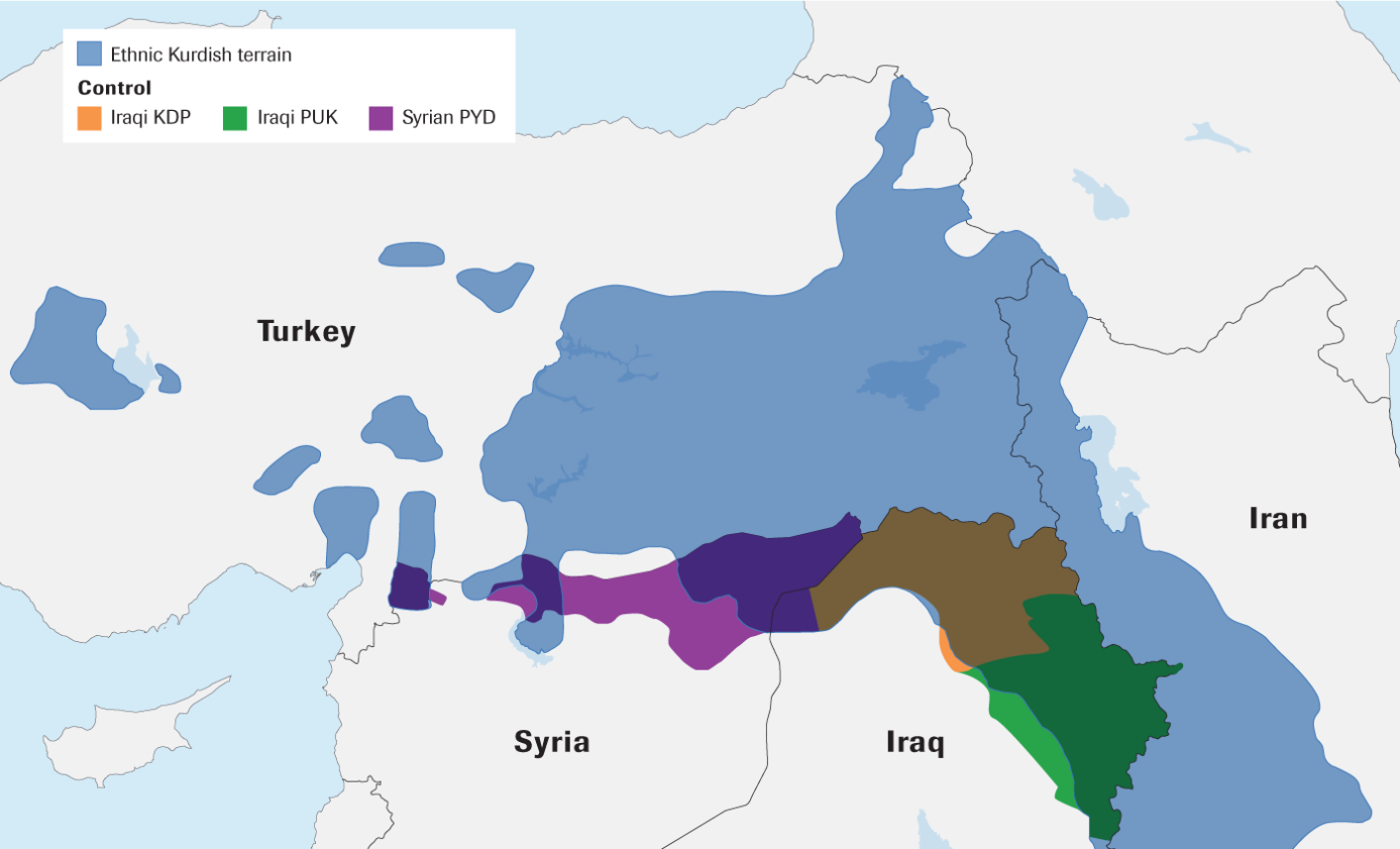 Figuur 1: Overzicht van Koerdische woon- en leefgebieden in Syria, Iraq, Turkije en Iran