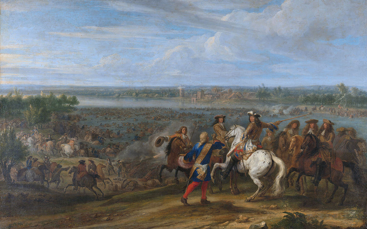 Lodewijk XIV begon de Hollandse Oorlog door in april 1672 de Republiek binnen te vallen bij de Maas. Op dit schilderij van Adam Frans van der Meulen trekt hij bij Lobith de Rijn over op 12 juni 1672. Bron: Wikipedia