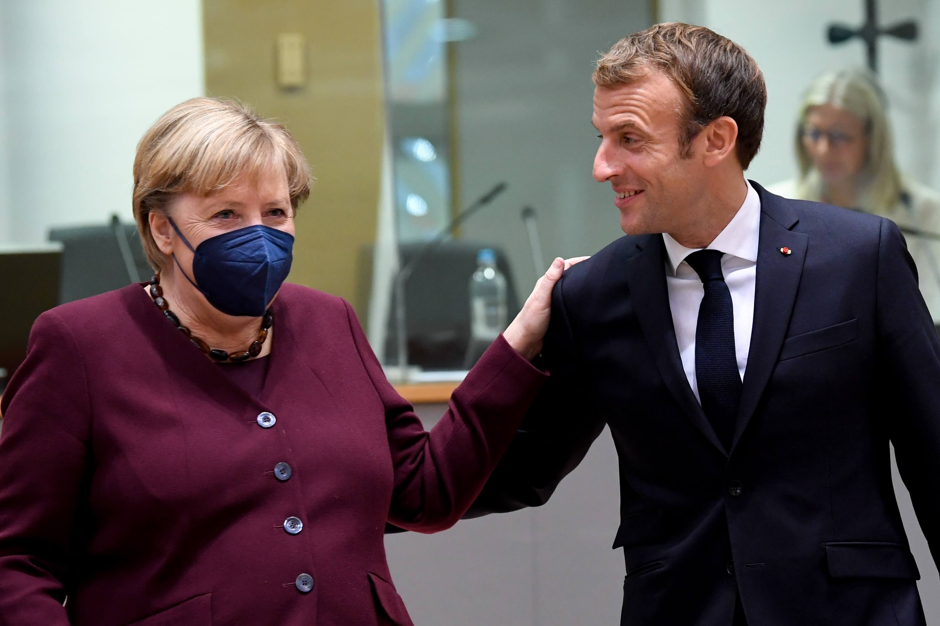 Werts - Bondskanselier Angela Merkel met president Emmanuel Macron oktober 2021. European Union