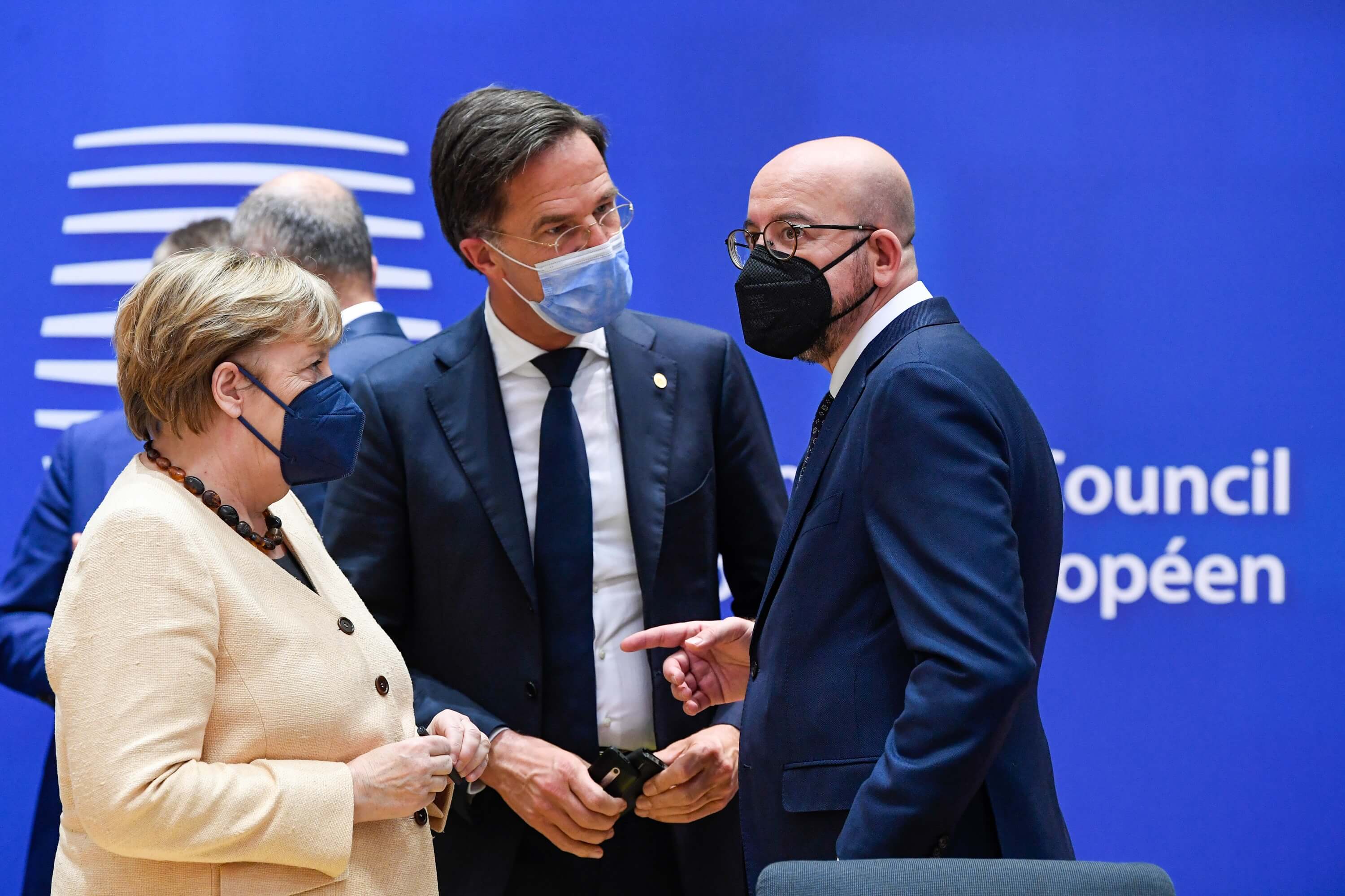 Werts - Bondskanselier Angela Merkel, premier Mark Rutte en voorzitter van de Europese Raad Charles Michel in oktober 2021. European Union