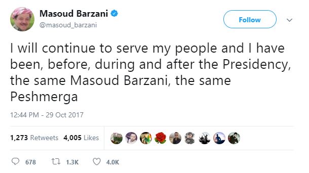 Tweet van Barzani over zijn vertrek als president