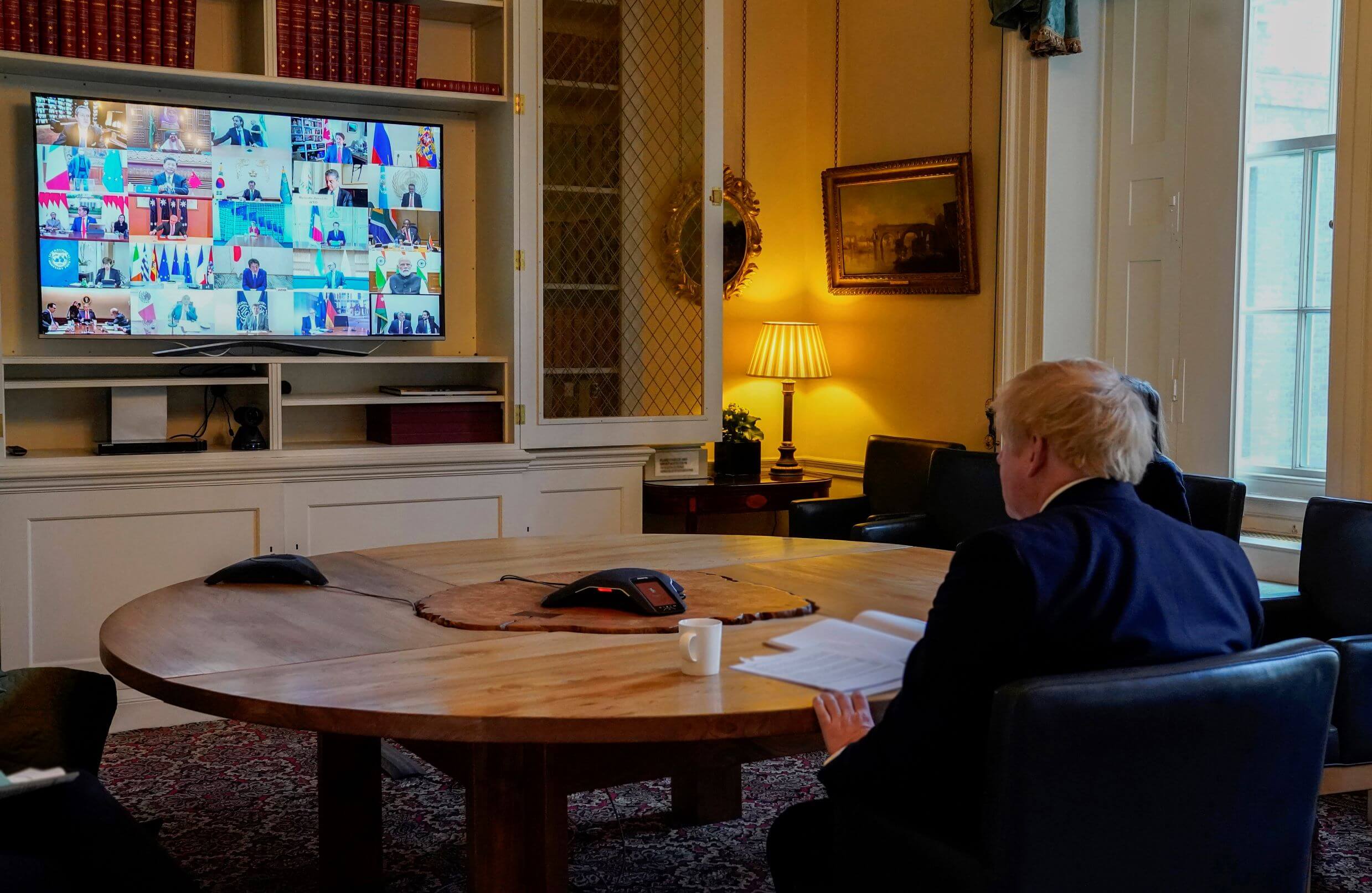 Prime Minister Boris Johnson on a video conference call to other G20 leaders during the coronavirus. © Number 10 / Flickr